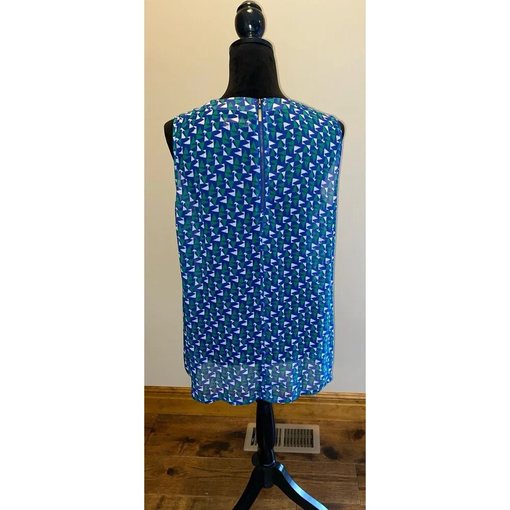 Duro Olowu Blouse  Size XL‎ Sleeveless Sheer Blue Green Geometric Pattern Zipper